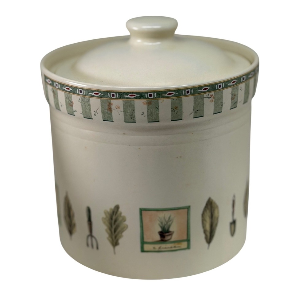 Pfaltzgraff Naturewood Canister Cream Green Leaves Garden Tools Stoneware 502